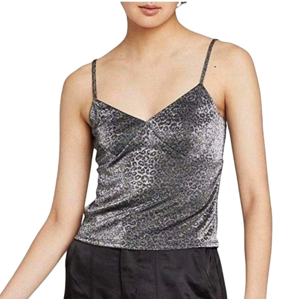 NEW Wild Fable Silver Metallic Leopard Print Cami Tank Top V-Neck Sparkle M